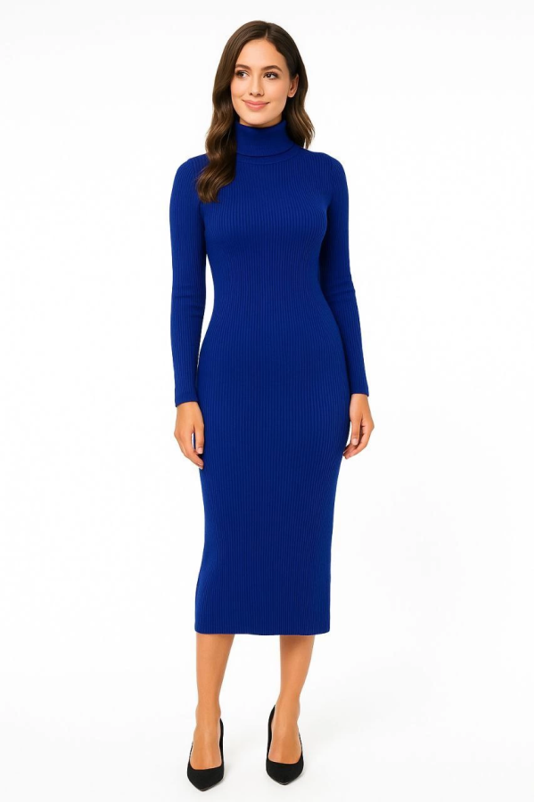 Boğazlı Triko Kadın Elbise –  - Saks Mavisi -