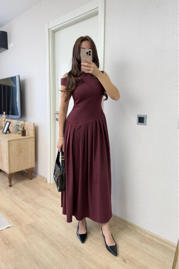 Asimetrik düşük yaka Kolsuz Uzun Elbise - Bordo
