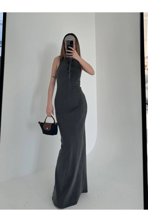 Yırtmaç Detaylı Kolsuz Düğmeli Yıkamalı Uzun Elbise - Antrasit