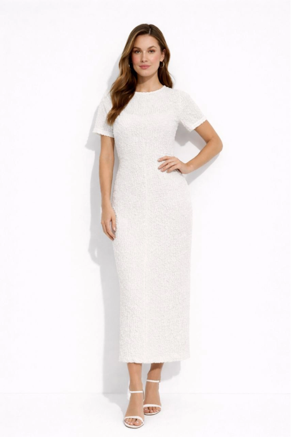 Kadın Beyaz Kısa Kollu Arkası Yırtmaçlı Uzun Elbise + İç Göstermeyen Askılı Mini Elbiseli - Beyaz