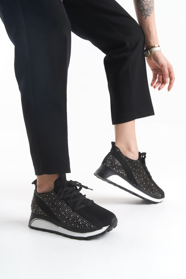 ALYA Bağcıklı Ortopedik Taban Taşlı Kadın Sneaker Spor Ayakkabı BT - Siyah