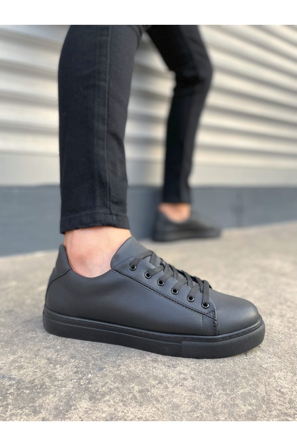 Siyah Mode Bağcıklı Cilt Erkek Günlük Sneaker Ayakkabı