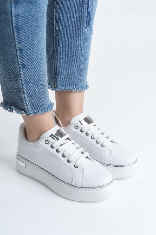 MINA Beyaz Gümüş Bağcıklı Ortopedik Taban Kadın Sneaker Spor Ayakkabı