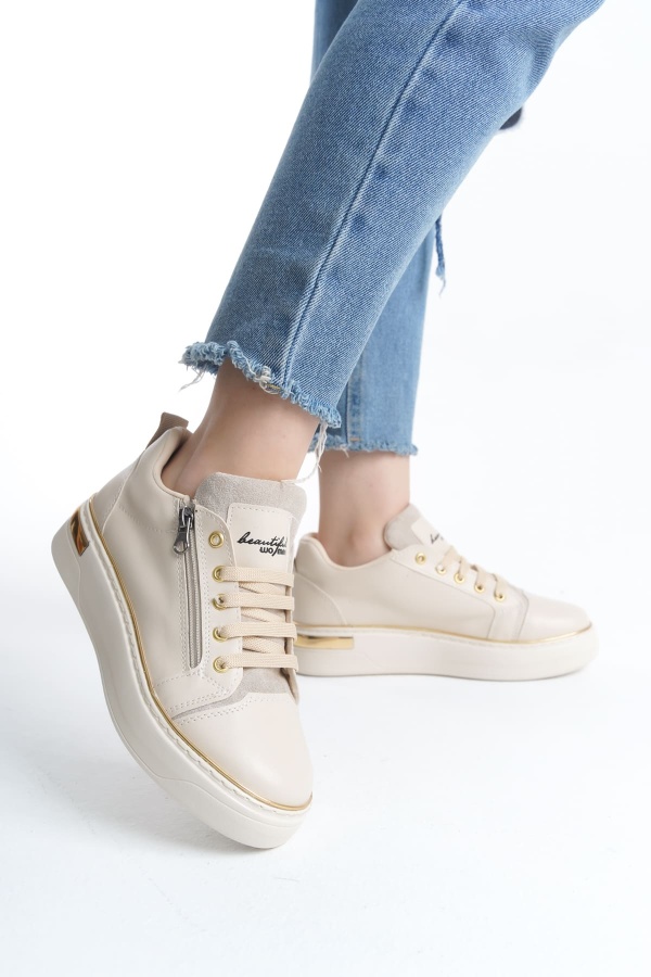 DINA Krem Gold Bağcıklı Fermuarlı Ortopedik Taban Kadın Sneaker Spor Ayakkabı