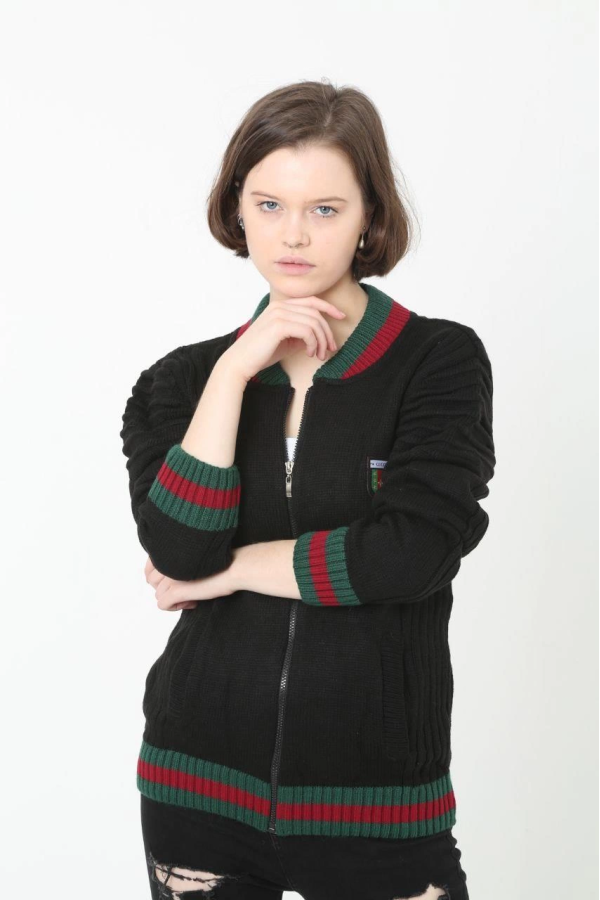 Velmora    Tam Fermuarlı Triko Hırka - Siyah -