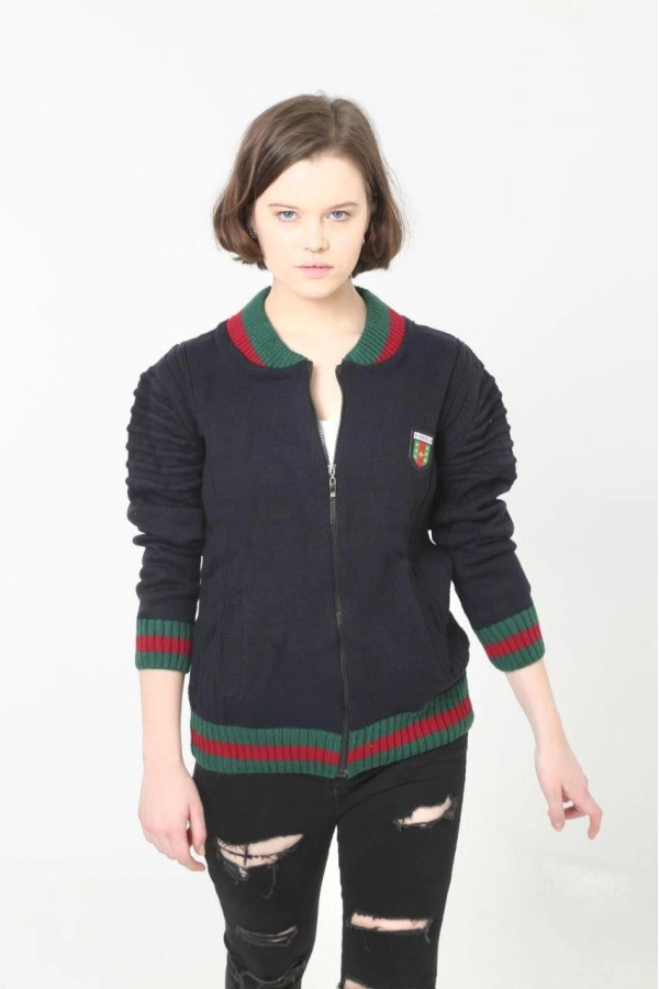 Velmora    Tam Fermuarlı Triko Hırka - Lacivert -