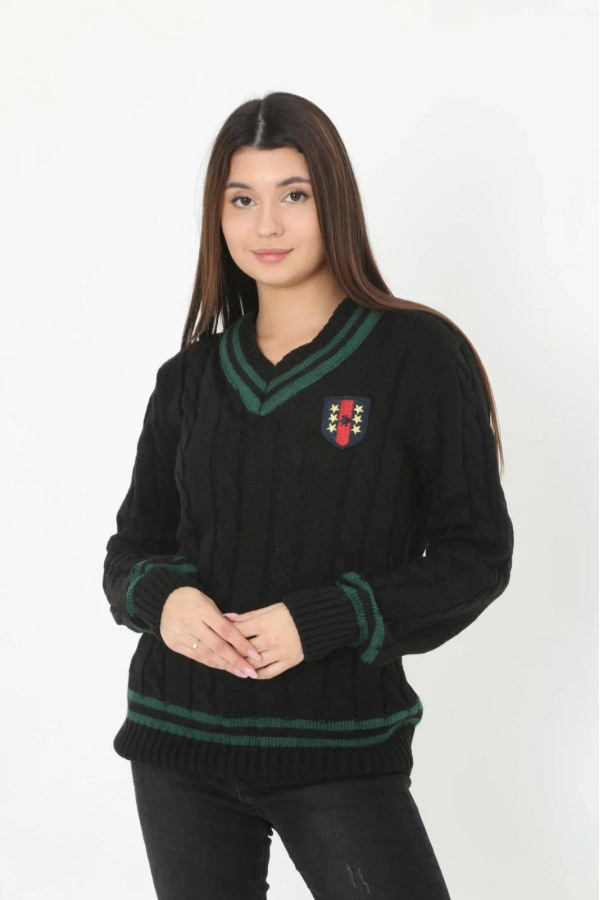 Velmora    V Yaka Örgülü Kazak - Siyah -