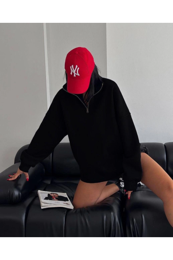 Velmora Premium Yarım Fermuarlı Üç İplik Sweatshirt - Siyah