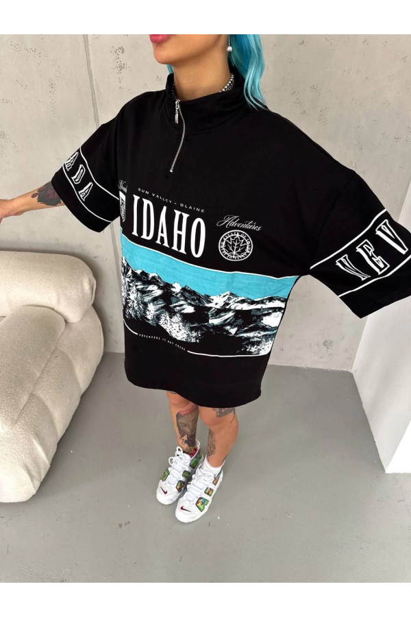 Baskılı Yarım Fermuarlı T-Shirt - Siyah -