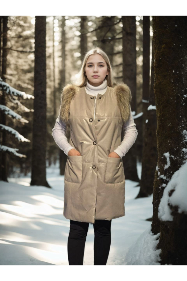 Velmora Premium Kolsuz Hakiki Deri Kürk - Krem