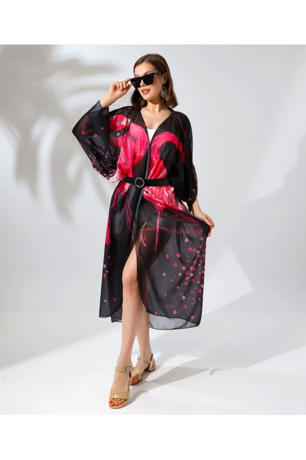 Rahat Kesim Şifon Kimono - Siyah -