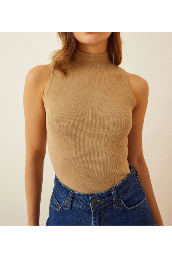 Velmora    Full Likralı Fitilli Kaşkorse Body - Camel -