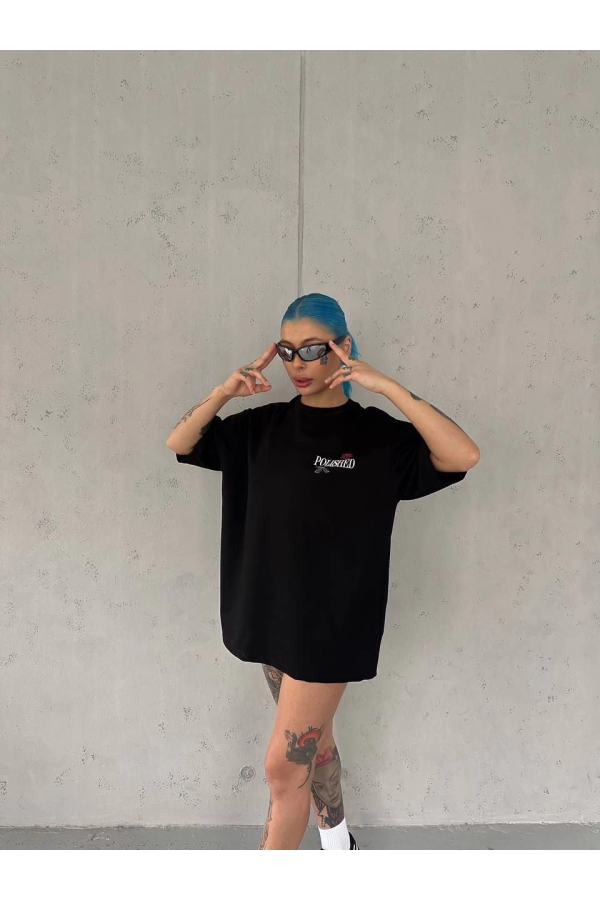 Kadın Bisiklet Yaka Baskılı kısa kol Oversize T-Shirt - Siyah