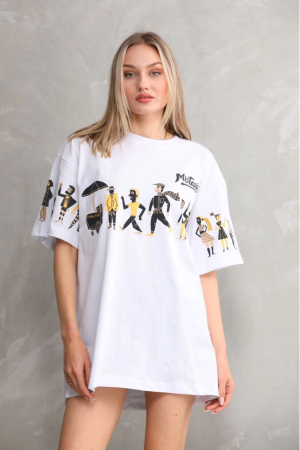Bisiklet Yaka Baskılı Oversize T-Shirt - Beyaz -