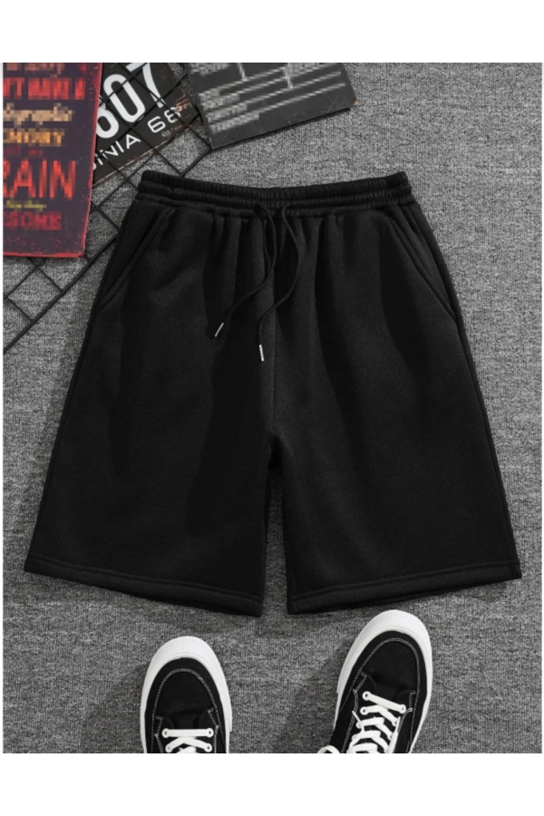 İki İplik Düz Oversize Şort - Siyah