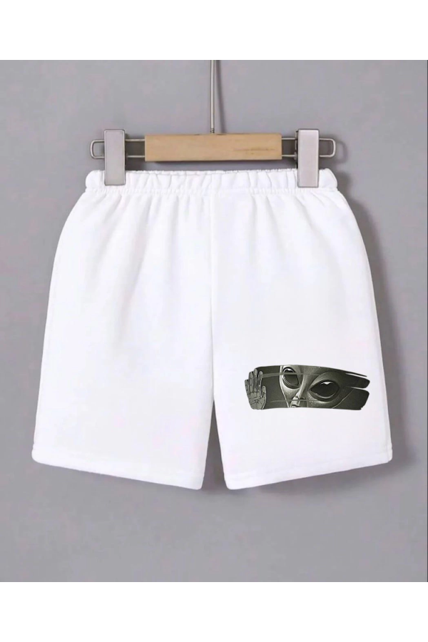 Velmora    Beli Lastikli Baskılı Mini Şort - Beyaz -