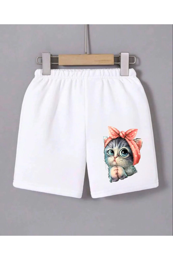 Velmora    Beli Lastikli Baskılı Mini Şort - Beyaz -