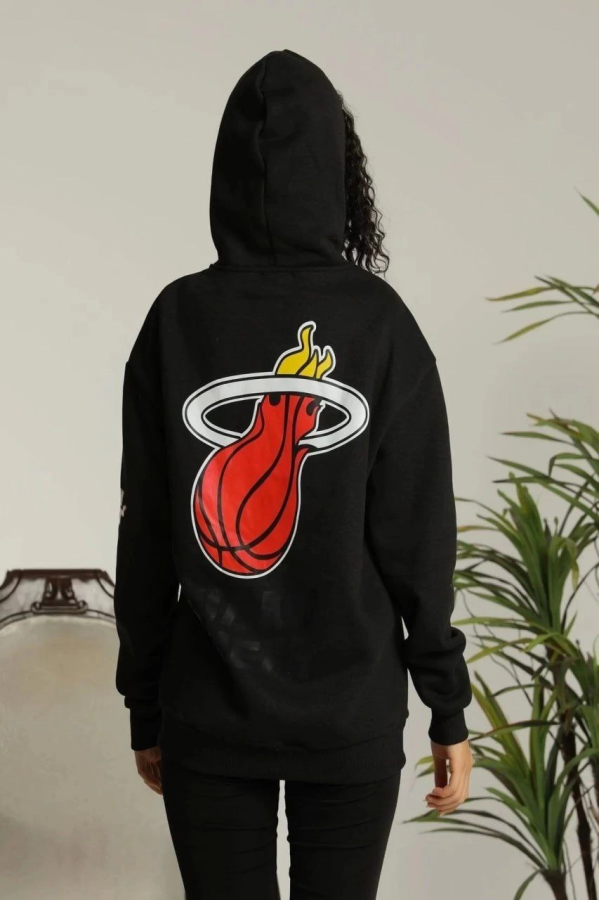 Velmora Premium Kapşonlu Baskılı Sweetshirt - Siyah