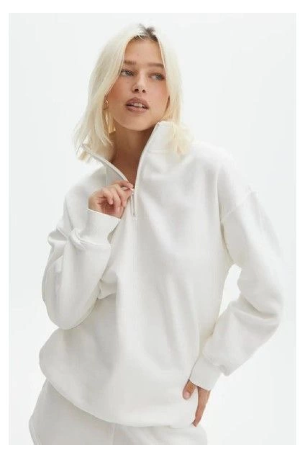 Velmora Premium Uzun Kol Yarım Farmuarlı Yakalı Basic SweatShirt - Beyaz