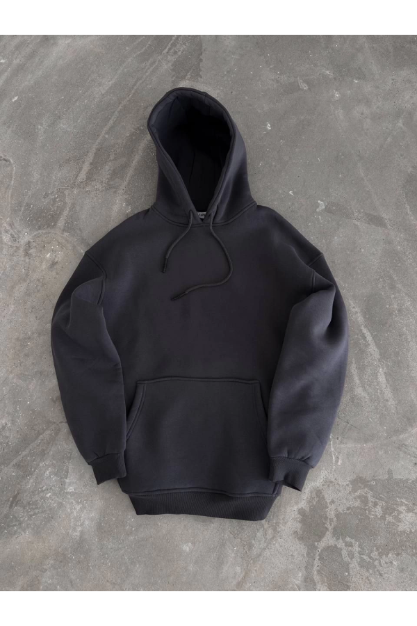 Kapüşonlu Üç İplik Penye Basic SweatShirt - Füme -