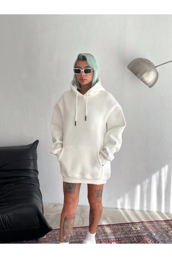 Kapüşonlu Üç İplik Penye Basic SweatShirt - Beyaz