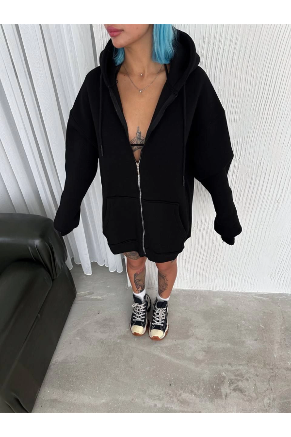 Velmora  Oversize Tam Fermuarlı Uzun Kol Hırka - Siyah -