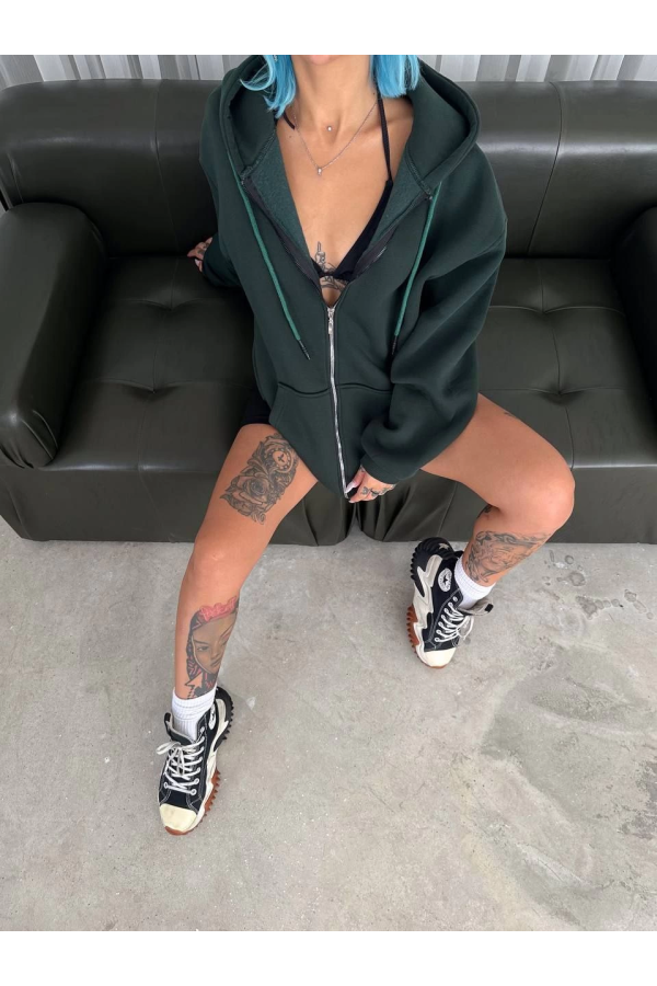 Velmora  Oversize Tam Fermuarlı Uzun Kol Hırka - Haki -