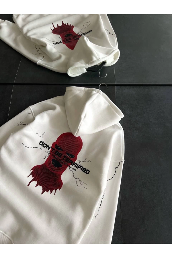 Üç İplik Kapüşonlu Baskılı Oversize SweatShirt- Beyaz