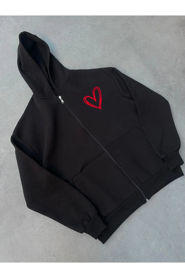 Velmora  Üç İplik Baskılı Fermuarlı Kapüşonlu Hırka - Siyah -