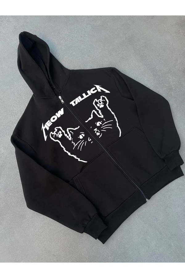 Kışlık Baskılı Fermuarlı Kapüşonlu Hırka - Siyah