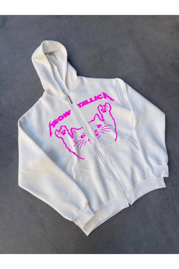 Kışlık Baskılı Fermuarlı Kapüşonlu Hırka - Beyaz