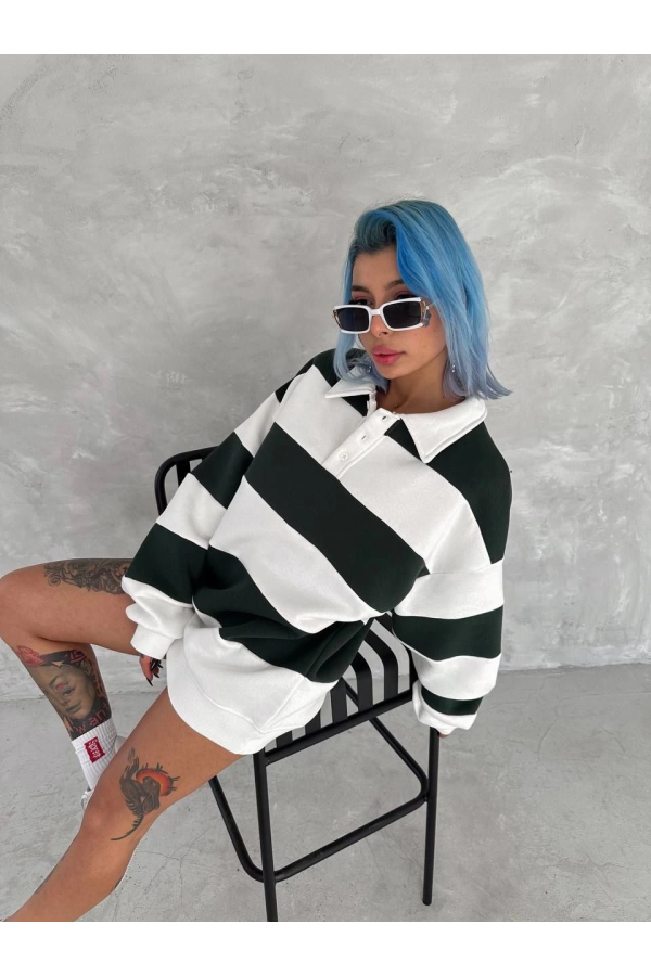 Velmora Premium Üç İplik Parçalı Yakalı SweatShirt - Yeşil