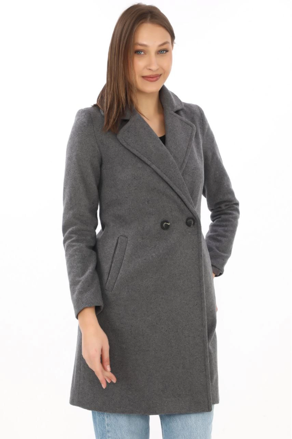 Düğmeli İçi Astarlı Velmora Premium Kaşmir Kaşe Kaban - Füme