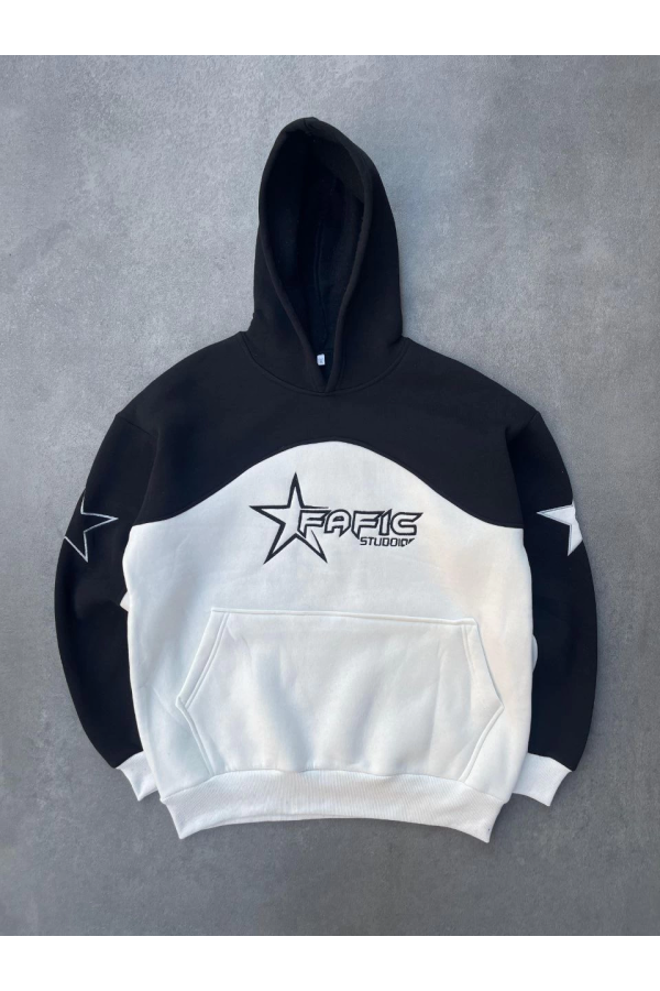 Parçalı Nakış İşlemelı Kapüşonlu SweatShirt - Siyah