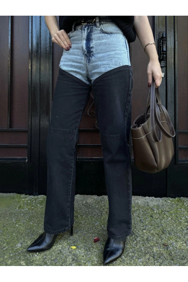 Velmora    Jeans Kot Parçalı Palazzo Pantolon - Siyah -