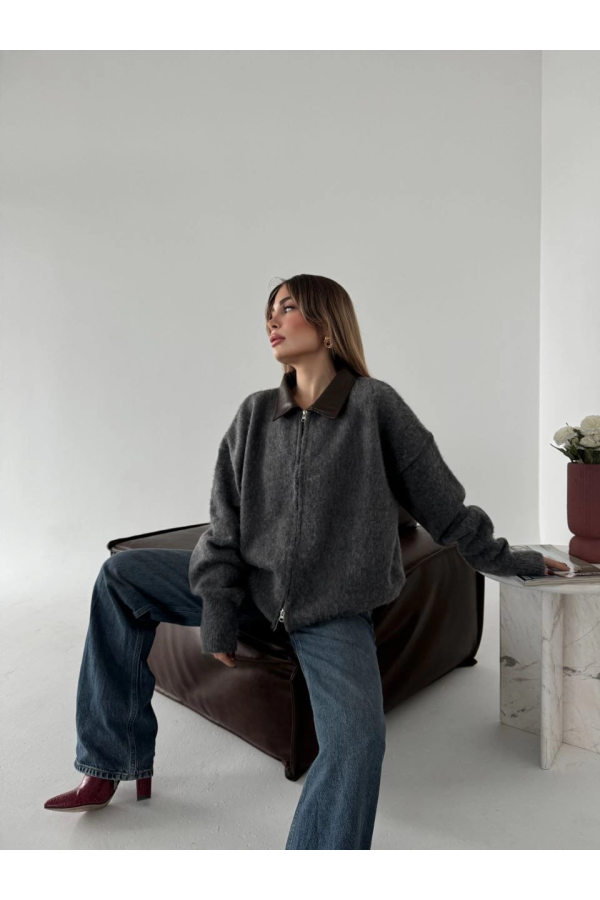 Velmora  Deri Yakalı Pamuk dokulu Çift Taraflı Çalışan Fermuar Ceket - Füme -