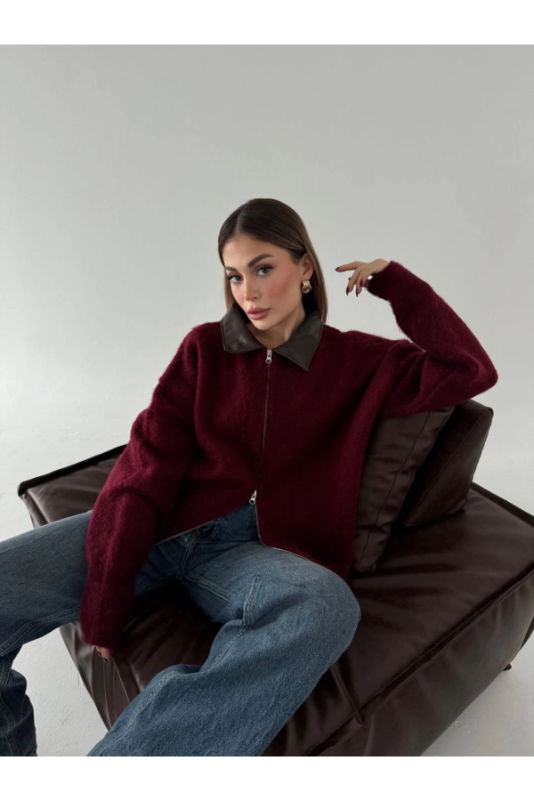 Velmora  Deri Yakalı Pamuk dokulu Çift Taraflı Çalışan Fermuar Ceket - Bordo -