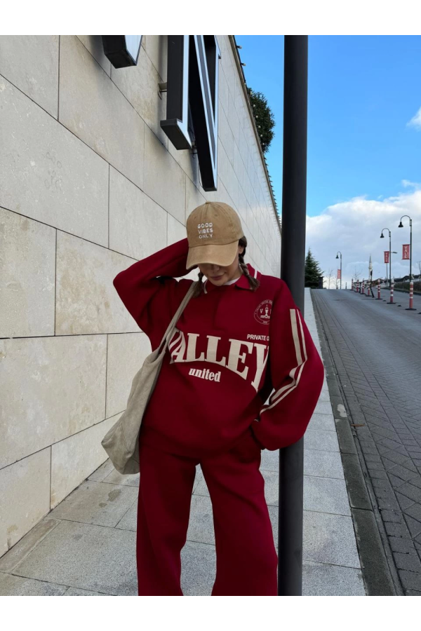 Kruzo Kadın Bordo Yakalı Sweat Baggy Pantolon Takım