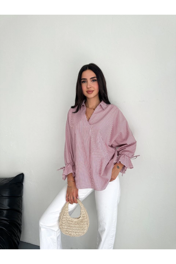 Velmora    Arkası Asimetrik Yırtmaç Kesim Detaylı Cizgili Bluz Gömlek - Bordo -