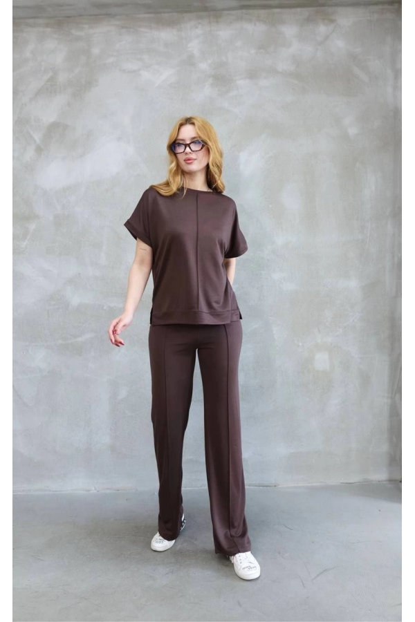 Osy Modal Yumuşak dokulu Kumaş Bisiklet Yaka Kısa Kollu Takım - Kahverengi