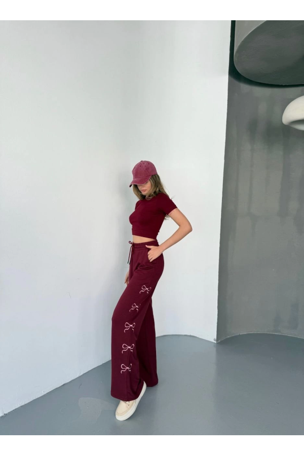 Velmora  Osy Modal Yumuşak Dokulu Kumaş Nakış işlemeli Rahat Bol Paça Eşofman Pantalon - Bordo -