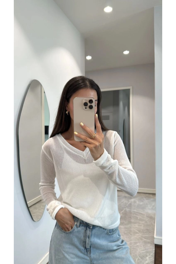 V Yaka uzun Kollu Triko ince Bluz - Beyaz