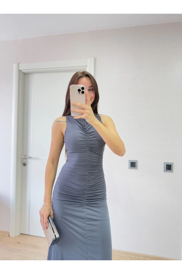 Bürümcük Kumaşlı İçi Astarlı Kolsuz Büzgülü Uzun Kadın Elbise - Füme -