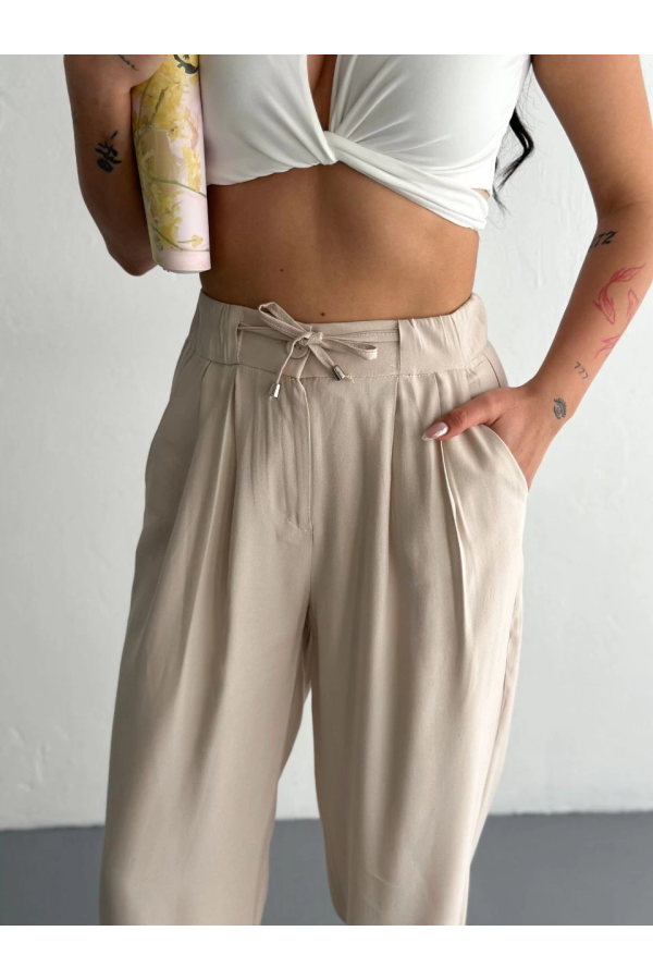 Velmora    Yüksel Bel Beli Bağcıklı Rahat Boru Paça Pantalon - Kırık Beyaz -