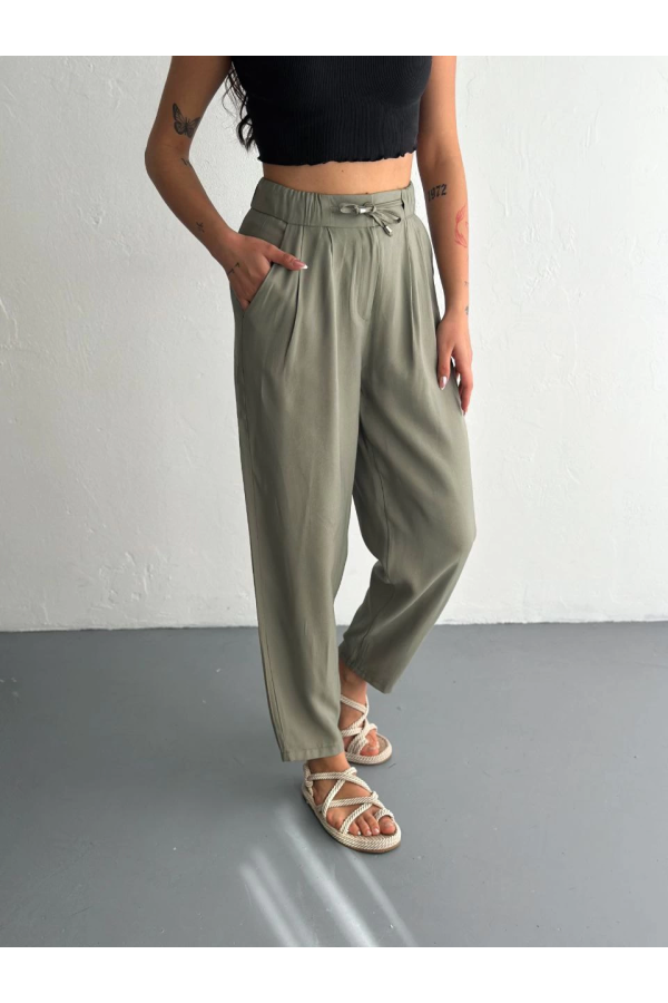 Velmora    Yüksel Bel Beli Bağcıklı Cepli Rahat Paça Pantalon - Su Yeşili -