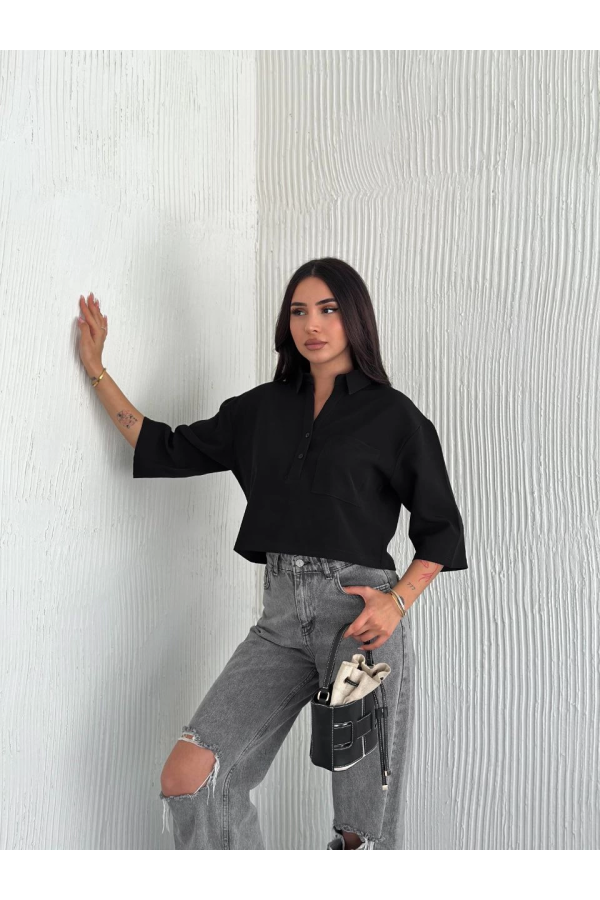 Velmora  Z Krep   Crop Yakalı Gömlek İlik Düğmeli Üç Çeyrek Sleeve Kol - Siyah -