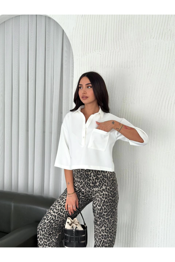 Velmora  Z Krep   Crop Yakalı Gömlek İlik Düğmeli Üç Çeyrek Sleeve Kol - Beyaz -