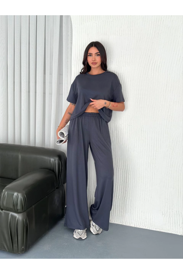 Osy Modal Yumuşak Dokulu Kumaş Bisiklet Yaka T-shirt Bol paça Pantalon ikili Takım -Antrasit