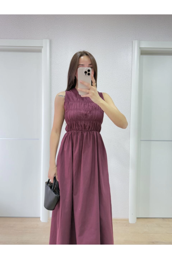Kolsuz Göğüs Lastıklı %100 Poplin Uzun Elbise - Bordo -