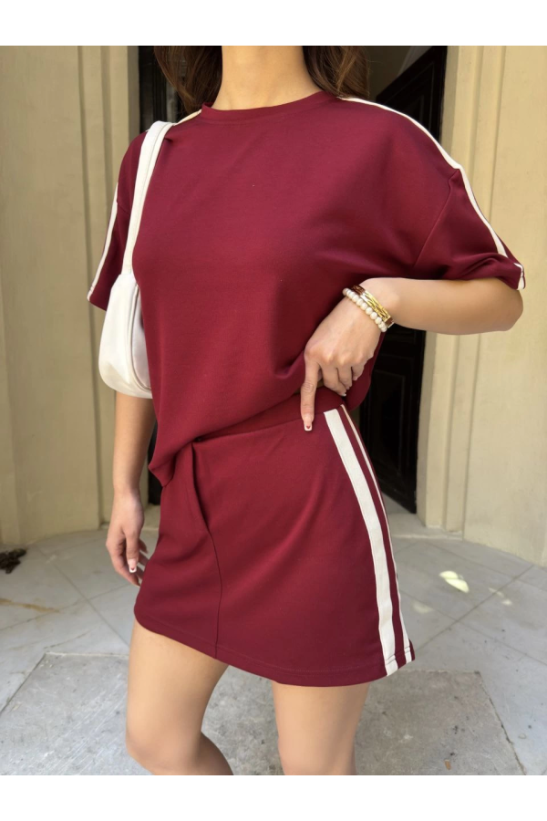 Velmora  Osy Modal yumuşak dokulu Kumaş Mini Şortlu Etek İkili Takım -Bordo -